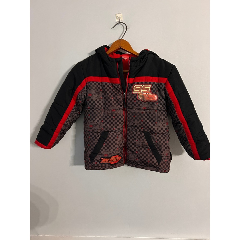 Disney Cars Lightning McQueen Puffer Jacket Kids Black Red Hooded Coat 95